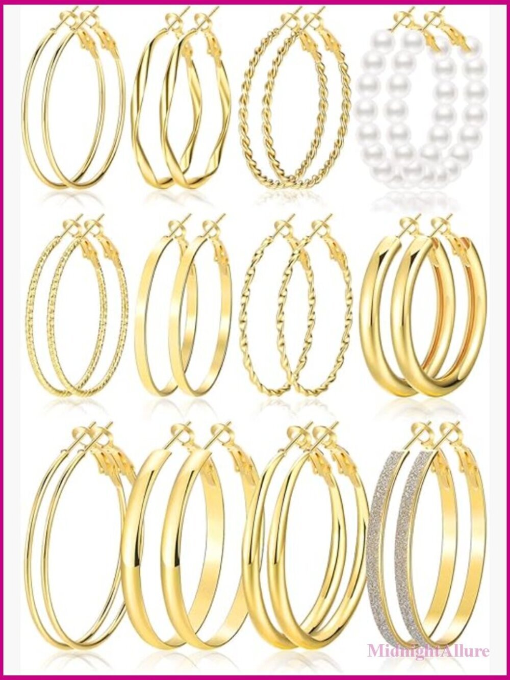 12 Pairs Large Gold Hoop Earrings Set Hypoallergenic 40mm 50mm - Picture 1 of 7